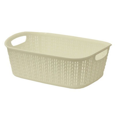 JVL Knit Design Loop Plastic Rectangular Small Storage Basket with Handles, Small, Ivory