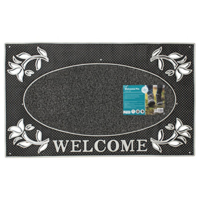 JVL Metallic Look Welcome Floral PVC Scraper Doormat 45x75cm Silver