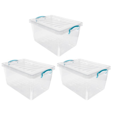 JVL Plastic Clip Lidded Storage Box, Stackable & Nestable, Clear, Set of 3, 30L