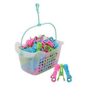 JVL Plastic Peg Basket with 72 Prism Clip Pegs with hooks
