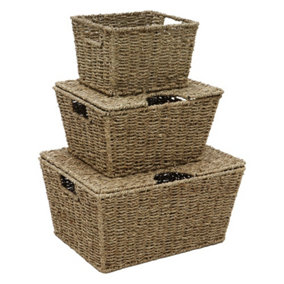 JVL Seagrass Set of 3 Rectangular Lidded Storage Storage Baskets