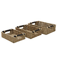 JVL Seagrass Set of 3 Rectangular Storage Baskets with Wooden Handles