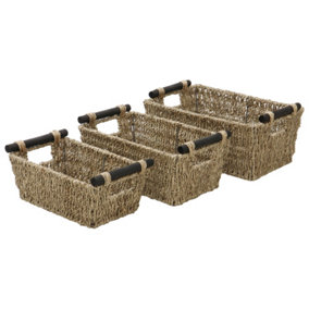 JVL Seagrass Set of 3 Tapered Storage Baskets with Wooden Handles