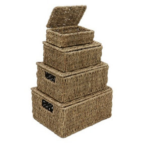JVL Seagrass Set of 4 Rectangular Lidded Storage Baskets