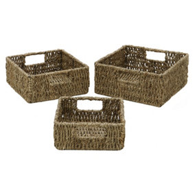 JVL Seagrass Square Storage Baskets with Inset Handles, Set of 3