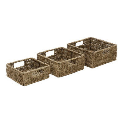 JVL Seagrass Square Storage Baskets with Inset Handles, Set of 3