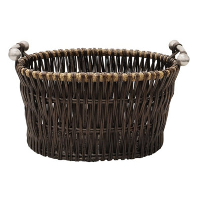 JVL Vertical Weave Oval Log Basket with Metal Handles, Brown, Medium