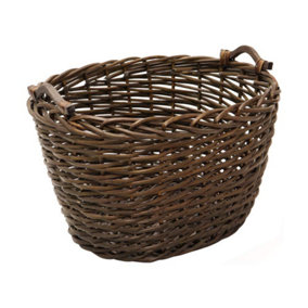 JVL Vertical Weave Oval Log Basket with Wooden Handles, Brown, Medium