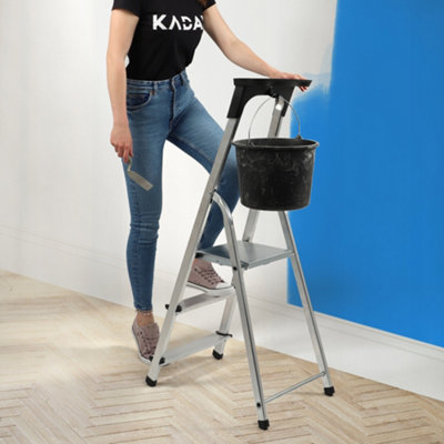 KADAX Aluminium ladder, inklapbare staande ladder met 3 treden, tot 125 kg, trapladder met plank, aluminium veiligheidsladder