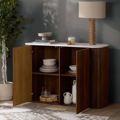 Kagu 2 Door Sideboard Fluted Ribbed Walnut & Marble effect