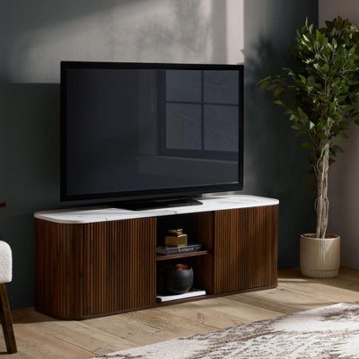Kagu Large TV Unit Fluted Ribbed Walnut & Marble effect