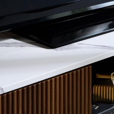 Kagu Large TV Unit Fluted Ribbed Walnut & Marble effect