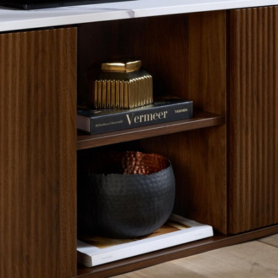 Kagu Large TV Unit Fluted Ribbed Walnut & Marble effect