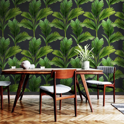 Kailani Leaf Wallpaper Charcoal / Green Belgravia 59115 | DIY at B&Q