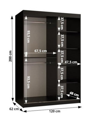 Kair 1 Contemporary 2 Sliding Door Wardrobe 5 Shelves 2 Rails Black Matt and Oak Décor (H)2000mm (W)1200mm (D)620mm