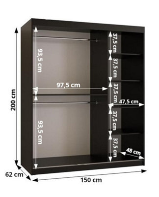 Kair 1 Contemporary 2 Sliding Door Wardrobe 5 Shelves 2 Rails Black Matt and Oak Décor (H)2000mm (W)1500mm (D)620mm