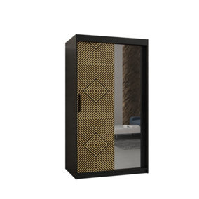 Kair 2 Contemporary 2 Mirrored Sliding Door Wardrobe 5 Shelves 2 Rails Black Matt and Oak Décor (H)2000mm (W)1000mm (D)620mm