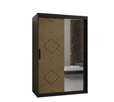 Kair 2 Contemporary 2 Mirrored Sliding Door Wardrobe 5 Shelves 2 Rails Black Matt and Oak Décor (H)2000mm (W)1200mm (D)620mm