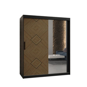 Kair 2 Contemporary 2 Mirrored Sliding Door Wardrobe 5 Shelves 2 Rails Black Matt and Oak Décor (H)2000mm (W)1500mm (D)620mm