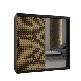 Kair 2 Contemporary 2 Mirrored Sliding Door Wardrobe 9 Shelves 2 Rails Black Matt and Oak Décor (H)2000mm (W)1800mm (D)620mm