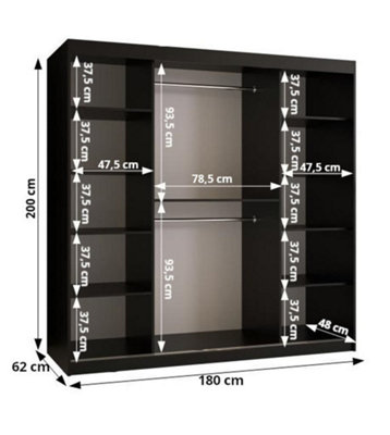 Kair 2 Contemporary 2 Mirrored Sliding Door Wardrobe 9 Shelves 2 Rails Black Matt and Oak Décor (H)2000mm (W)1800mm (D)620mm