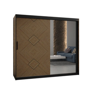 Kair 2 Contemporary 2 Mirrored Sliding Door Wardrobe 9 Shelves 2 Rails Black Matt and Oak Décor (H)2000mm (W)2000mm (D)620mm