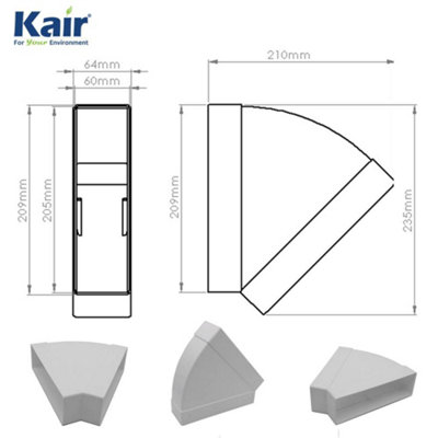 Kair 45 Degree Horizontal Elbow Bend 204mm x 60mm - 8 x 2 inch Rectangular Plastic Ducting Adaptor