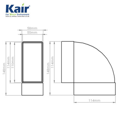 Kair 90 Degree Horizontal Elbow Bend 110mm x 54mm - 4 x 2 inch Rectangular Plastic Ducting Adaptor