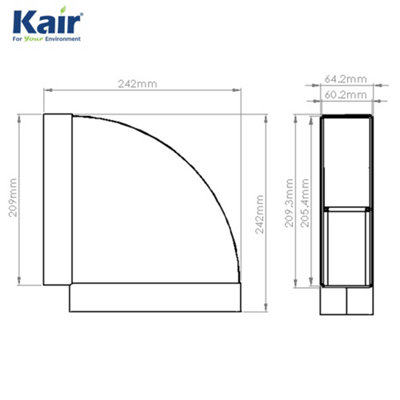 Kair 90 Degree Horizontal Elbow Bend 204mm x 60mm - 8 x 2 inch Rectangular Plastic Ducting Adaptor