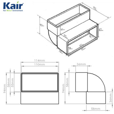 Kair 90 Degree Vertical Elbow Bend 110mm x 54mm - 4 x 2 inch Rectangular Plastic Ducting