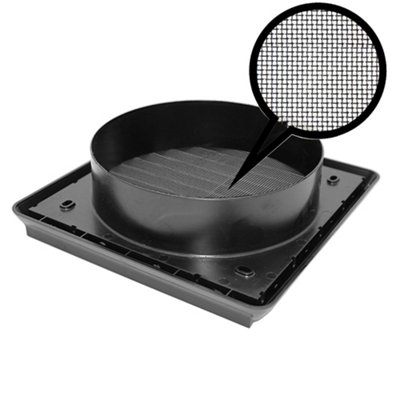Kair Black Louvred Wall Vent Grille 155mm External Dimension with Flyscreen and Round 100mm - 4 inch Rear Spigot