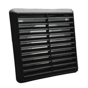 Kair Black Louvred Wall Vent Grille 183mm External Dimension with Flyscreen and Round 150mm - 6 inch Rear Spigot