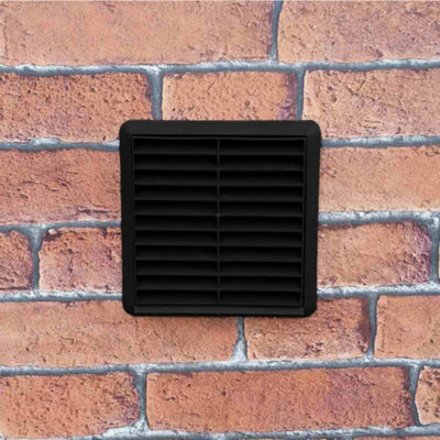Kair Black Louvred Wall Vent Grille 183mm External Dimension with Flyscreen and Round 150mm - 6 inch Rear Spigot