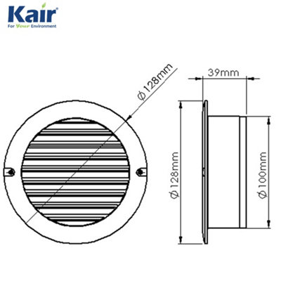 Kair Brown Circular Vent 128mm Dimension Wall Grille with Fly Screen and 100mm - 4 inch Round Rear Spigot