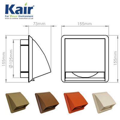 Kair Brown Cowled Outlet Grille 155mm External Dimension Wall Vent With 125mm - 5 inch Round Rear Spigot and Backdraught Shutter