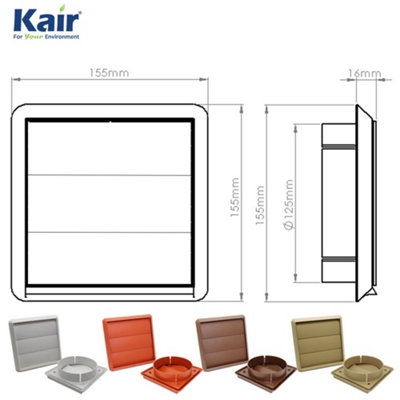 Kair Brown Gravity Grille 155mm External Dimension with 125mm - 5 inch Round Rear Spigot and Not-Return Shutters