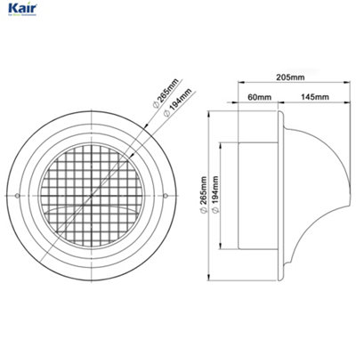 Kair Bull-Nose External Vent 200mm - 8 inch Rear Spigot Stainless Steel Grille with Wire Mesh and Drip Deflector