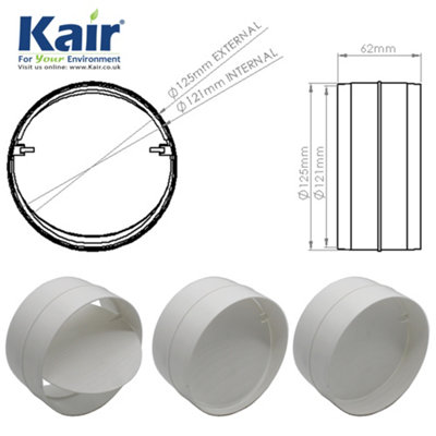 Kair Connector with Backdraught Shutter 125mm - 5 inch Non-Return Damper Flap to Connect Duct Pipe or Flexible Ducting Hose