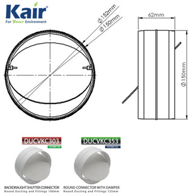 Kair Connector with Backdraught Shutter 150mm - 6 inch Non-Return Damper Flap to Connect Duct Pipe or Flexible Ducting Hose