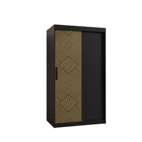 Kair Contemporary 2 Sliding Door Wardrobe 5 Shelves 2 Rails Black Matt and Oak Décor (H)2000mm (W)1000mm (D)620mm