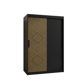 Kair Contemporary 2 Sliding Door Wardrobe 5 Shelves 2 Rails Black Matt and Oak Décor (H)2000mm (W)1200mm (D)620mm