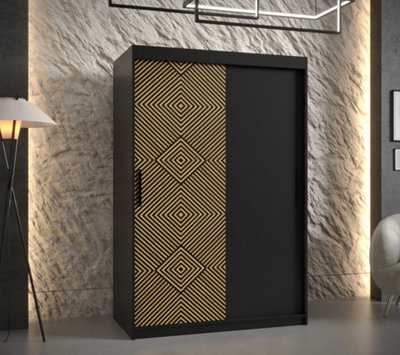 Kair Contemporary 2 Sliding Door Wardrobe 5 Shelves 2 Rails Black Matt and Oak Décor (H)2000mm (W)1200mm (D)620mm