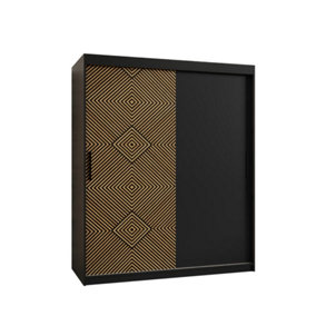 Kair Contemporary 2 Sliding Door Wardrobe 5 Shelves 2 Rails Black Matt and Oak Décor (H)2000mm (W)1500mm (D)620mm