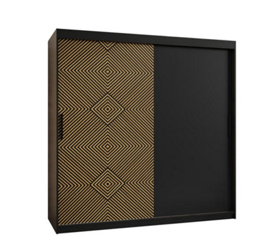 Kair Contemporary 2 Sliding Door Wardrobe 9 Shelves 2 Rails Black Matt and Oak Décor (H)2000mm (W)1800mm (D)620mm