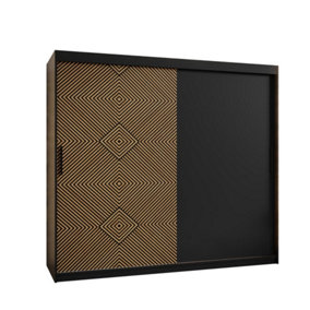 Kair Contemporary 2 Sliding Door Wardrobe 9 Shelves 2 Rails Black Matt and Oak Décor (H)2000mm (W)2000mm (D)620mm