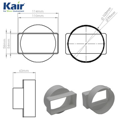 Kair Ducting Adaptor 110mm x 54mm to 100mm - 4 inch Rectangular to Round Straight Channel Connector - Female