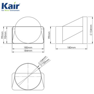 Kair Ducting Adaptor 180mm x 90mm to 150mm - 6 inch Rectangular to Round Straight Channel Connector