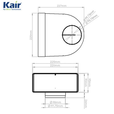 Kair Elbow Bend Adaptor 220mm x 90mm to 100mm - 4 inch Rectangular to Round 90 Degree Bend Adapter