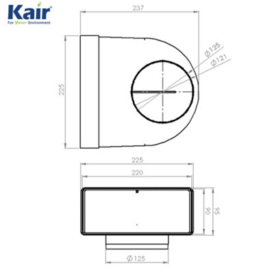Kair Elbow Bend Adaptor 220mm x 90mm to 125mm - 5 inch Rectangular to Round 90 Degree Bend Adapter