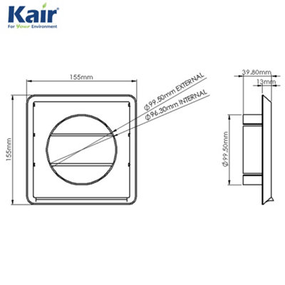 Kair White Gravity Grille 155mm External Dimension Ducting Air Vent with 100mm - 4 inch Round Rear Spigot and Not-Return Shutters